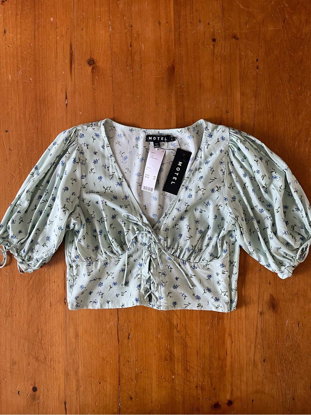 🆕 Motel Urban Outfitters Romana Crop Puffed Sleeves Corset V Neck Green Floral